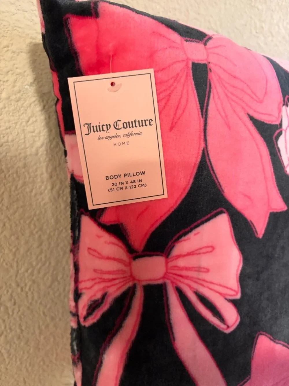 Juicy Couture Pink Bow Black Body Pillow 20x48 Y2K McBling NWT